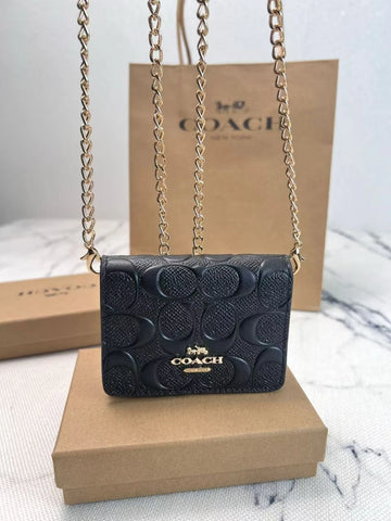 Black COACH C7361 Mini Wallet on a Chain with In Signature Print Relief