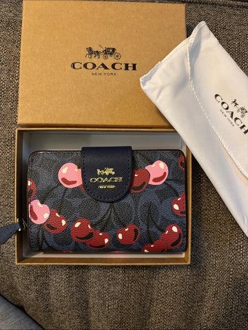 Coach Navy Blue Cherry Print Wallet