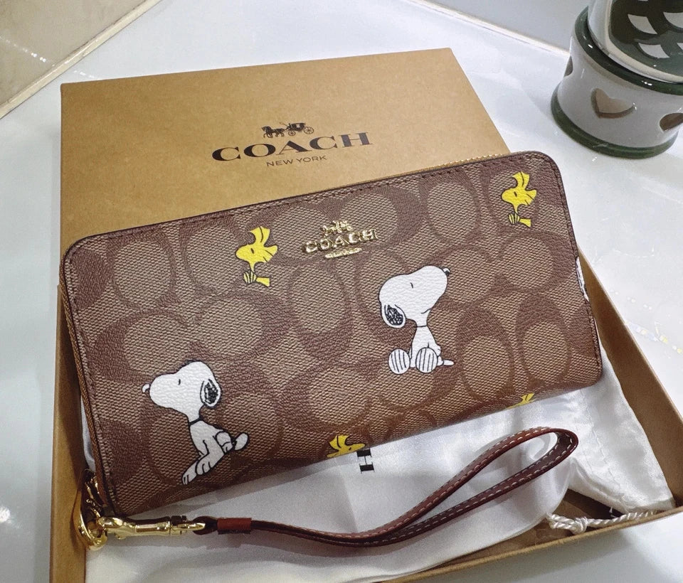 COACH x PEANUTS Long Zip around Wallet Snoopy Woodstock Khaki Signature